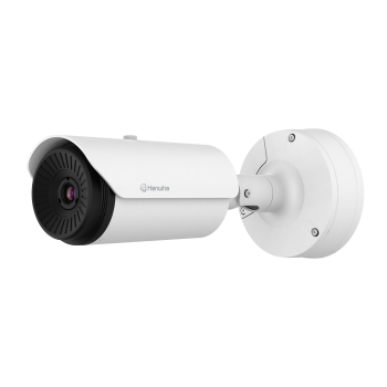 Hanwha TNO-L3030T thermal camera left view with wall-mount arm and base