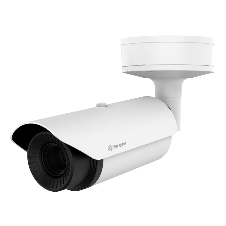 Hanwha TNO-L4030T thermal camera angled view with lens and mounting base