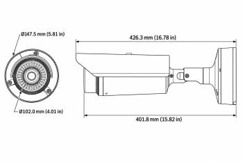 Hanwha TNO-L4030T thermal camera front and side dimensions with 426.3 mm overall length