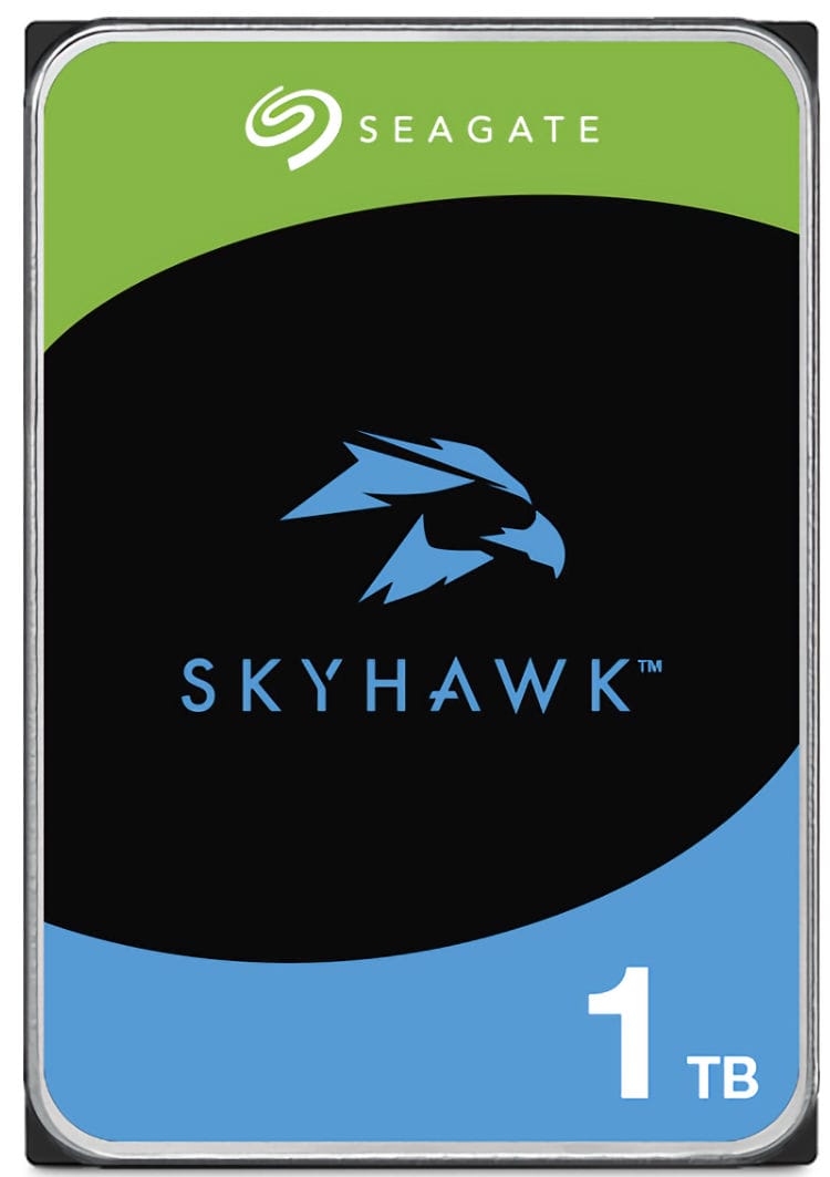 Seagate SkyHawk ST1000VX013 1 TB hard drive. Designed for 24/7 recording, it offers advanced features like ImagePerfect™ firmware and SkyHawk Health Management. With up to 180 TB of data per year and built-in RV sensors, it's perfect for multi-bay setups. Trust Collsam Security for all your Seagate Storage needs Front View.
