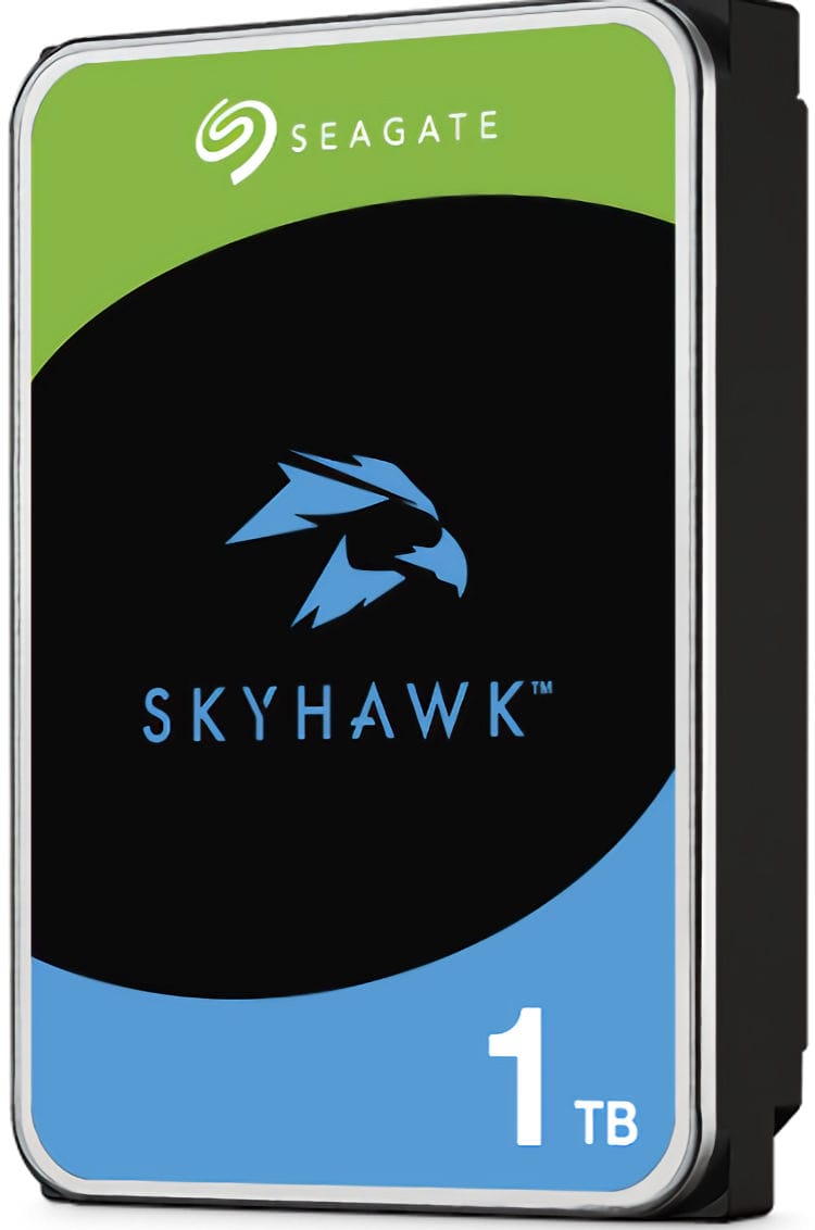 Seagate SkyHawk ST1000VX013 1 TB hard drive. Designed for 24/7 recording, it offers advanced features like ImagePerfect™ firmware and SkyHawk Health Management. With up to 180 TB of data per year and built-in RV sensors, it's perfect for multi-bay setups. Trust Collsam Security for all your Seagate Storage needs Left View.