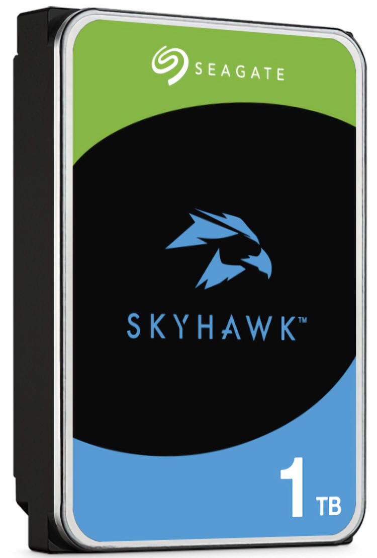 Seagate SkyHawk ST1000VX013 1 TB hard drive. Designed for 24/7 recording, it offers advanced features like ImagePerfect™ firmware and SkyHawk Health Management. With up to 180 TB of data per year and built-in RV sensors, it's perfect for multi-bay setups. Trust Collsam Security for all your Seagate Storage needs Right View