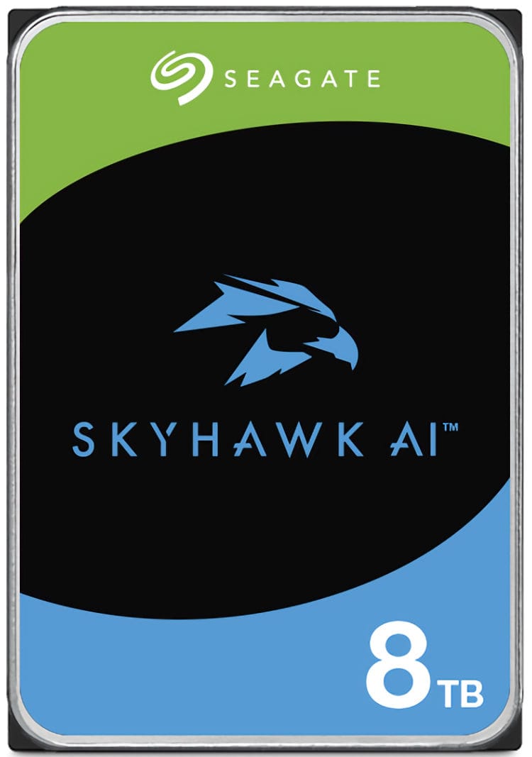 Upgrade your surveillance system with the Seagate SkyHawk AI ST8000VE001 8 TB hard drive. Designed for AI, it supports 64 HD camera streams. Shop now at Collsam Security for all your storage needs Front View