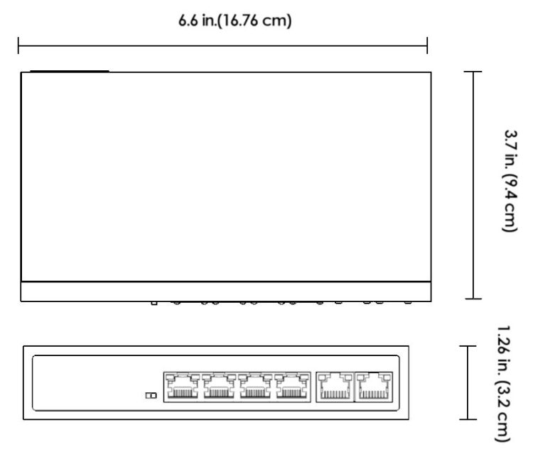 Vivotek AW-FET-060C-065, a reliable unmanaged PoE switch with 4 Fast Ethernet ports and a total power budget of 65 Watts. Choose between ST or EX mode for flexible deployment and enjoy surge protection for added peace of mind Dimensions. #PoE #networking