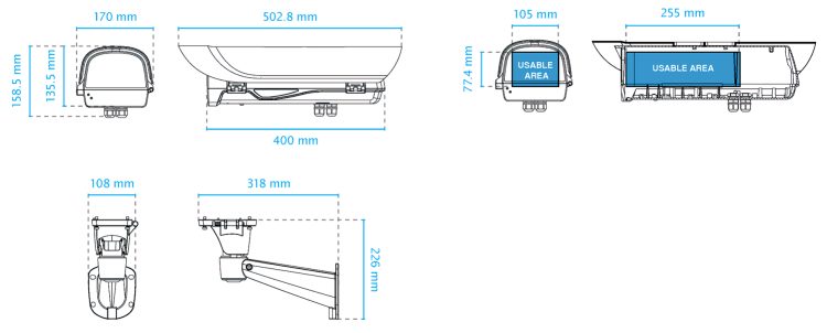 Protect your surveillance cameras with the Vivotek AE-23A-wBS outdoor enclosure. IP68 and IK10 rated, with heater, fan, and adjustable sun shield Dimensions.