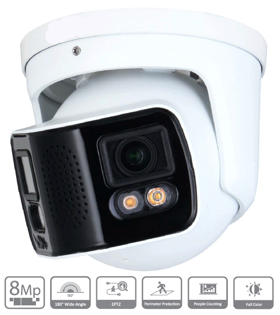 Eyemax NCU-EP430-AW 8MP Outdoor Dual-Sensor ePoE Night Color Network Turret Camera. Featuring 140dB WDR, ONVIF compatibility, and advanced IVS analytic algorithms, this camera offers superior performance and protection. With WizMind AI Smart Dual Illuminators, 1300ft (396.24 m) IR range, and IP67 protection, it's the perfect choice for all your outdoor surveillance needs. Get yours now and experience the ultimate in security and peace of mind.