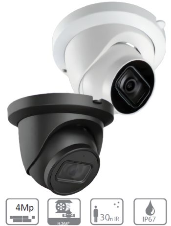 Eyemax NIB E4042 IR 4MP camera. Compact and affordable, it delivers high resolution, 120dB WDR, and 98ft (29.87 m) IR range. Available in black or white Color.