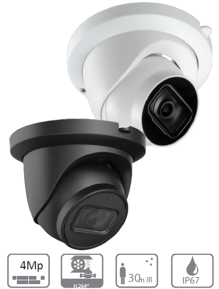 Eyemax NIB E4042 IR 4MP camera. Compact and affordable, it delivers high resolution, 120dB WDR, and 98ft (29.87 m) IR range. Available in black or white Color.