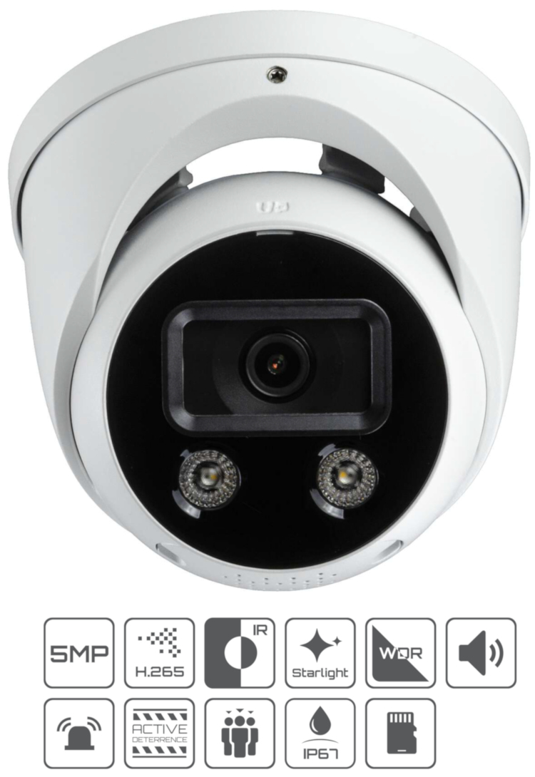 Eyemax NIU-E5352-W28A 5MP Dual Light Turret Camera. Featuring WizMind AI, Face Detection, People Counting, and more. Shop now at Collsam.
