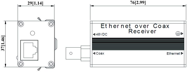 KBC Networks EECF-1KT-B eCopper® kit. Includes PoE camera support, auto-sensing Ethernet over Coax, and power supply Dimensions.