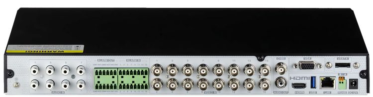 Telpix TVST-TD2716-N5A 16Channel (8 IP + 16 Coax Channel to IP) 5MP Penta-brid DVR, featuring AI smart motion detection and perimeter protection. Supports multiple formats and up to 24 IP channels. HDMI, VGA, and eSATA ports for easy connectivity Up to 20 Terabyte Storage, Back View.