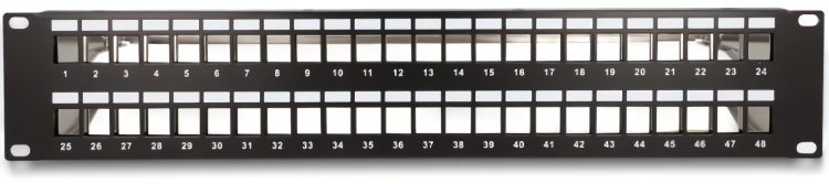 CN-PP-0P48A 48-Port Blank Keystone 2U Patch Panel. Designed for use with keystone jacks, it's perfect for audio, video, and data. English-speaking support available during business hours. Create a seamless patch panel solution with a sturdy 19 inches (48.26 cm) design and pre-numbered ports, Front View