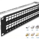 CN-PP-0P48A 48-Port Blank Keystone 2U Patch Panel. Designed for use with keystone jacks, it's perfect for audio, video, and data. English-speaking support available during business hours. Create a seamless patch panel solution with a sturdy 19 inches (48.26 cm) design and pre-numbered ports, Keystones’