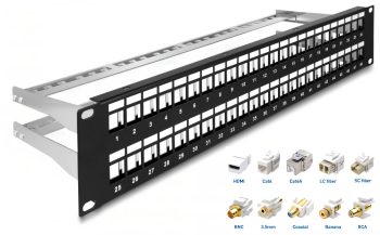 CN-PP-0P48A 48-Port Blank Keystone 2U Patch Panel. Designed for use with keystone jacks, it's perfect for audio, video, and data. English-speaking support available during business hours. Create a seamless patch panel solution with a sturdy 19 inches (48.26 cm) design and pre-numbered ports, Keystones’