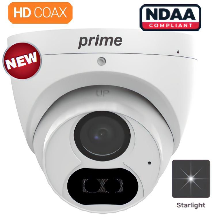 Enhance your security with the Prime TIU-RS2042-AW28 2MP Starlight 4-In-1 Coax Turret Camera. NDAA compliant, 2.8 mm fixed lens, and 131.23 ft (40 m) IR distance.