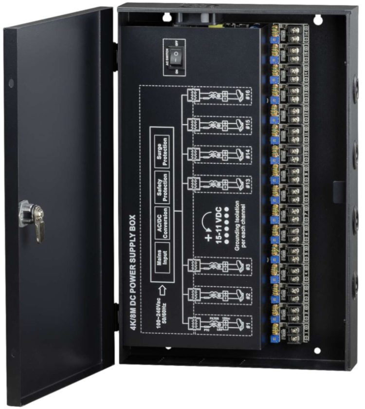 Ensure optimal performance for your CCTV setup with the TR-CU12VDC16P32A UNL Professional Power Supply. Designed for 4K cameras, 16 channels, 12VDC output, and advanced protection technology Side View.