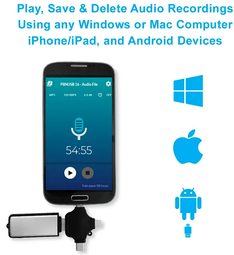 Get high-quality audio recordings with the PBNUSB16-OTG, an entry-level recorder that looks like a USB drive. 16 GB storage, OTG support, and effortless operation make it perfect for close-range conversations. Compatible with Android, iOS, Windows, and MAC. Upgrade your recording game today Android Apple Windows Mac.