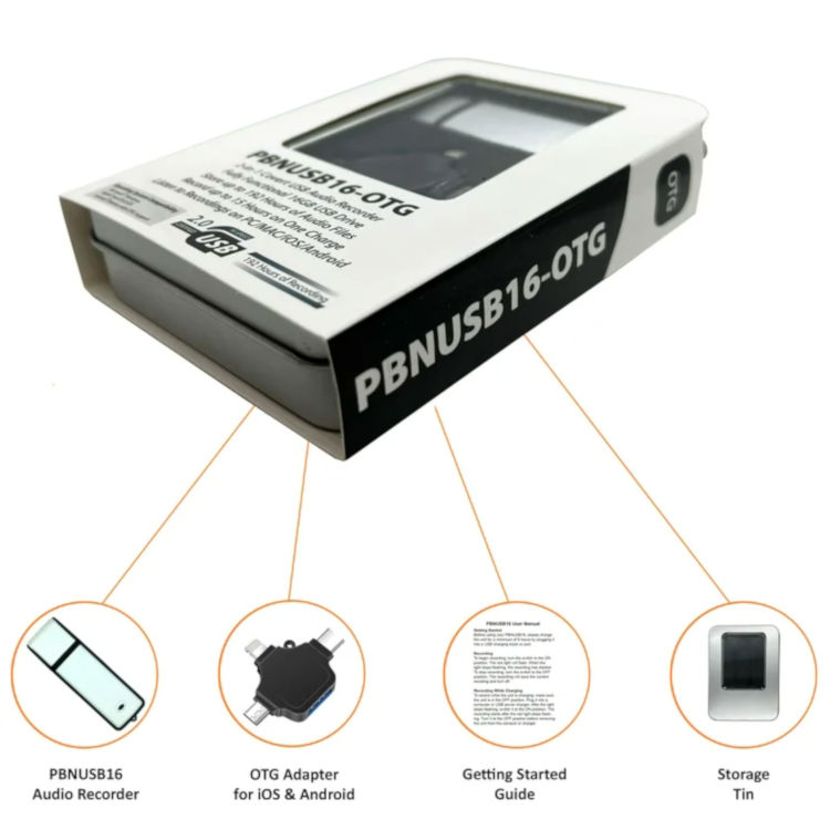 Get high-quality audio recordings with the PBNUSB16-OTG, an entry-level recorder that looks like a USB drive. 16 GB storage, OTG support, and effortless operation make it perfect for close-range conversations. Compatible with Android, iOS, Windows, and MAC. Upgrade your recording game today Inserted in Package Content