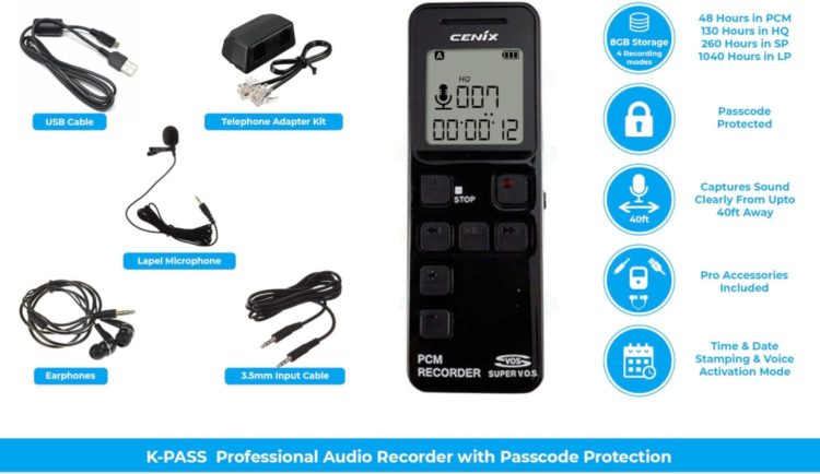 Capture high-quality audio with PBN Technology K-PASS-OTG, a digital voice recorder with password protection and versatile compatibility. Perfect for professionals and investigators Package Content.