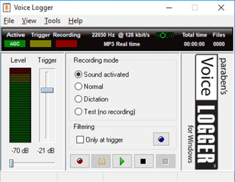 Capture and manage audio recordings on Windows with the Paraben Consumer PBN-VL4W Voice Logger. AI compatibility for advanced analysis and data management Interface.