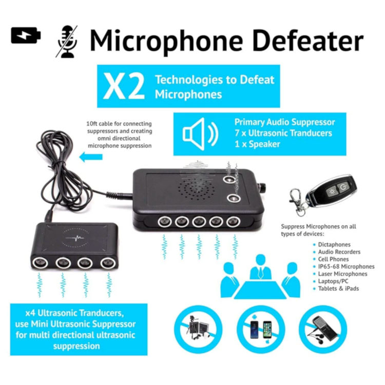 Protect sensitive discussions with the MSK, a powerful device that neutralizes microphones and audio transmitters with ultrasonic waves and white noise. Ideal for corporate, government, legal, and media settings. Portable and discreet, with remote operation.