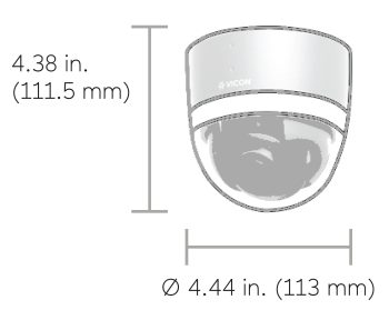 Vicon NEXT VNX-SN-VRS1-0 ULTRA HD Camera Sensor; PTRZ with a 4.42-9.51 mm motorized and autofocus varifocal lens, LED light bars, bidirectional communication with two built-in mics and speakers, advanced analytics (requires a Fixture Kit; not included) Dimensions.