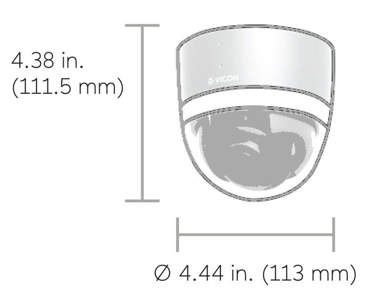 Vicon NEXT VNX-SN-VRS1-0 ULTRA HD Camera Sensor; PTRZ with a 4.42-9.51 mm motorized and autofocus varifocal lens, LED light bars, bidirectional communication with two built-in mics and speakers, advanced analytics (requires a Fixture Kit; not included) Dimensions.