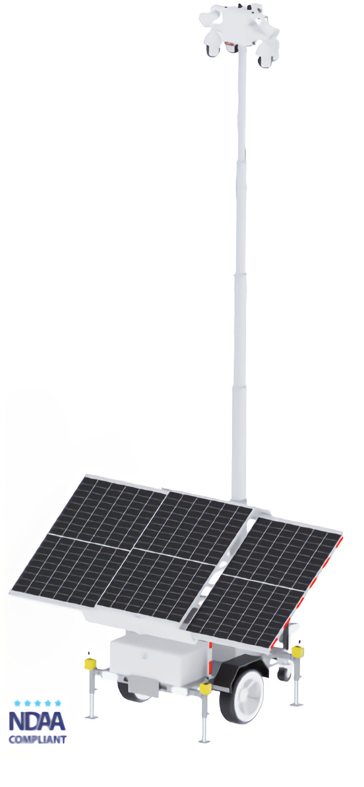 Protect your property with LumiGuardian Solar Security Trailer TG-113A. Featuring durable construction, advanced technology, and 7-10 days of autonomous power, this single axle trailer is the ultimate solution for all your security needs. With features like retractable mast, cloud-based recording, corrosion protection, flashing lights, floodlight, and speakers, it offers maximum deterrence against intruders. Plus, it's resistant against strong winds and has an IP67 rating for added durability. DOT approved and compatible with third-party cameras, this trailer is a reliable choice for complete security. Get yours now for a full solar security solution!