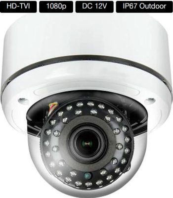 Eyemax TIV-032V-W vandal-resistant dome camera. Featuring HD-TVI technology, 1080p resolution, a 2.8~12 mm varifocal megapixel lens, and 35 IR LEDs for night vision.