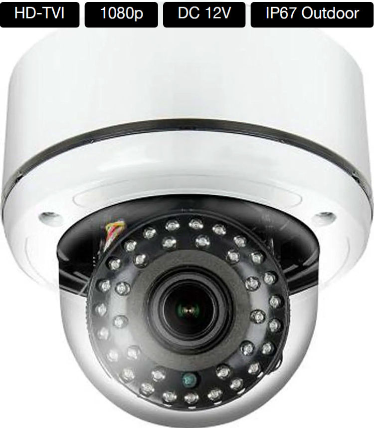 Eyemax TIV-032V-W vandal-resistant dome camera. Featuring HD-TVI technology, 1080p resolution, a 2.8~12 mm varifocal megapixel lens, and 35 IR LEDs for night vision.