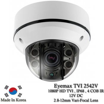 Eyemax TVI-2542V, a 1080p HD-TVI vandal dome IR camera. With advanced features like “The Shield” technology and COB IR LEDs, this camera delivers clear images day and night. Its durable design and easy setup make it a top choice for outdoor use in black, ivory, or white colors. #security #1080p #nightvision