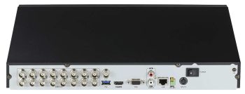 Eyemax TVST-AR314-16 16-channel DVR. Connect to HD-TVI, AHD, and analog cameras for long-distance transmission and efficient storage. Enjoy real-time 1080p playback and advanced VCA events. Plus, easy network management with Cloud P2P & DDNS. Back View.