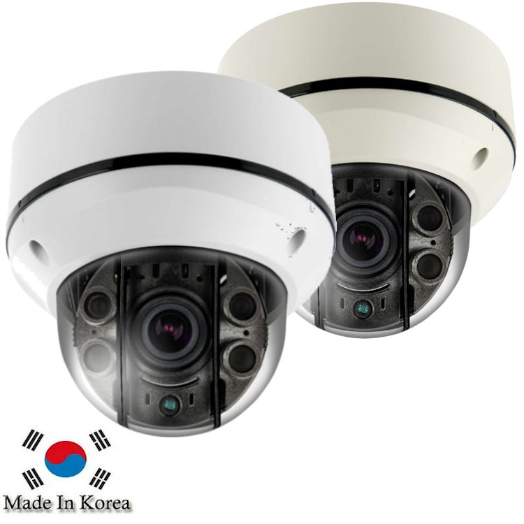 Eyemax UVI-2544V STORM® dome camera. Full HD 1080p, 720p resolution, 1/2.9” Sony CMOS sensor, and COB IR for night vision. Vandal-proof, IP68 rated, and balun compatible. Dual power, DNR, ICR, and Shield anti-IR reflection technology. Available in White or ivory. Made in Korea.