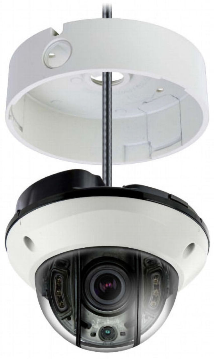 Eyemax UVI-2544V STORM® dome camera. Full HD 1080p, 720p resolution, 1/2.9” Sony CMOS sensor, and COB IR for night vision. Vandal-proof, IP68 rated, and balun compatible. Dual power, DNR, ICR, and Shield anti-IR reflection technology. Available in white or ivory Assembly. Made in Korea.