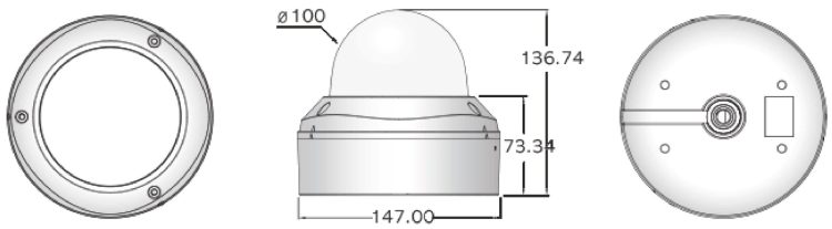 Eyemax UVI-2544V STORM® dome camera. Full HD 1080p, 720p resolution, 1/2.9” Sony CMOS sensor, and COB IR for night vision. Vandal-proof, IP68 rated, and balun compatible. Dual power, DNR, ICR, and Shield anti-IR reflection technology. Available in Dimensions. Made in Korea.