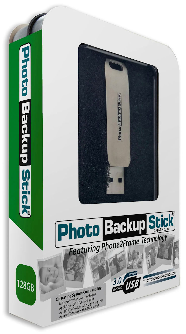 Effortlessly back up and organize your photos and videos with the PBN-OU-128 Photo Backup Stick Omega. Compatible with all devices and includes automatic backup and duplicate removal. No subscriptions, just a one-time purchase. View and edit photos with the built-in software Package.