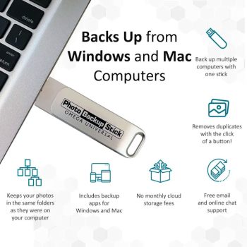 Effortlessly back up and organize your photos and videos with the PBN-OU-128 Photo Backup Stick Omega. Compatible with all devices and includes automatic backup and duplicate removal. No subscriptions, just a one-time purchase. View and edit photos with the built-in Features.