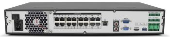 Eyemax EMNT 5432S-16P-4K NVR. Up to 32 channels, 16 PoE ports, 4K resolution, and intelligent video analytics for efficient surveillance. Compatible with third-party devices and ONVIF 2.4 protocol. Ideal for public safety, transportation, and education applications. Quick Pick technology for easy retrieval of targets from SMD events, rear view.