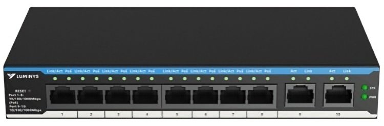 Upgrade your network with the Luminys SML-10GPA, an 8-port PoE++ cloud-managed switch designed for security cameras and wireless access points. With a 110W power budget and extended PoE signal, this switch offers flexible management and reliable operation in any environment. NDAA compliant and built to last, it's the perfect choice for professional network deployments.