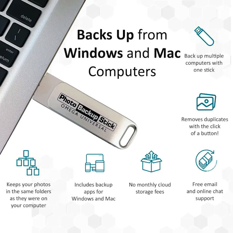 Effortlessly back up and store your precious memories with the PBN-TEC PBN-OU-64 Omega Photo Backup Stick. Compatible with all devices and offers 64GB of storage. Say goodbye to complicated cloud services and subscription fees.