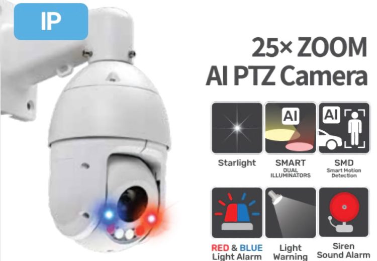 Upgrade your security with Eyemax NPT-IR-E4225-S1S, a 4MP PTZ IP camera featuring WIZSENSE AI, 25x optical zoom, and Starlight technology for superior low-light performance. With active deterrence, red and blue warning lights, and a siren, this camera actively deters intruders. It also includes advanced IVS and smart motion detection for accurate alerts. Suitable for outdoor use, it supports PoE+ or 12VDC power and has two-way audio capabilities. Protect your property with Eyemax NPT-IR-E4225-S1S.