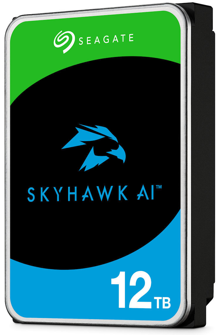 Seagate SkyHawk AI 12 TB hard drive. Designed for 24/7 use, it supports up to 64 HD cameras and 32 AI analytics streams with zero dropped frames. With a 7200 RPM spindle speed and 256 MB cache, it offers reliable performance and a 3-year data recovery plan for added peace of mind.