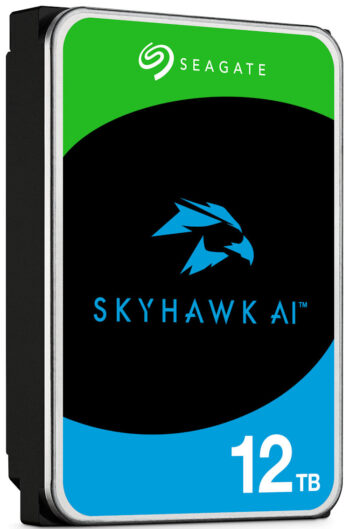 Seagate SkyHawk AI 12 TB hard drive. Designed for 24/7 use, it supports up to 64 HD cameras and 32 AI analytics streams with zero dropped frames. With a 7200 RPM spindle speed and 256 MB cache, it offers reliable performance and a 3-year data recovery plan for added peace of mind.