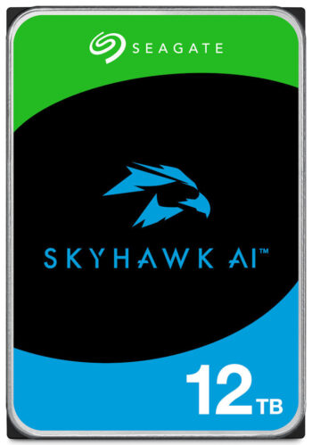 Seagate SkyHawk AI 12 TB hard drive. Designed for 24/7 use, it supports up to 64 HD cameras and 32 AI analytics streams with zero dropped frames. With a 7200 RPM spindle speed and 256 MB cache, it offers reliable performance and a 3-year data recovery plan for added peace of mind.