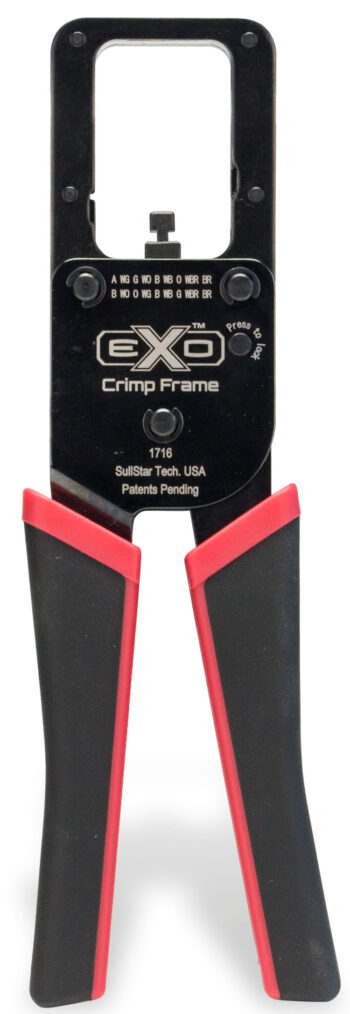 Efficiently terminate and crimp pass-through network connectors with the Platinum Tools 100062C EXO Crimp Frame. Features EZ-RJ45 die and reversible configuration for comfortable use. TPR grips and a push-button lock for safety. Interchangeable die inserts are available. T568A/B wiring sequences are laser-inscribed for easy alignment checks.