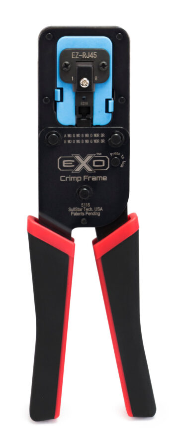 Efficiently terminate and crimp pass-through network connectors with the Platinum Tools 100062C EXO Crimp Frame. Features EZ-RJ45 die and reversible configuration for comfortable use. TPR grips and a push-button lock for safety. Interchangeable die inserts are available. T568A/B wiring sequences are laser-inscribed for easy alignment checks.