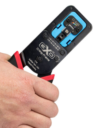 Efficiently terminate and crimp pass-through network connectors with the Platinum Tools 100062C EXO Crimp Frame. Features EZ-RJ45 die and reversible configuration for comfortable use. TPR grips and a push-button lock for safety. Interchangeable die inserts are available. T568A/B wiring sequences are laser-inscribed for easy alignment checks.