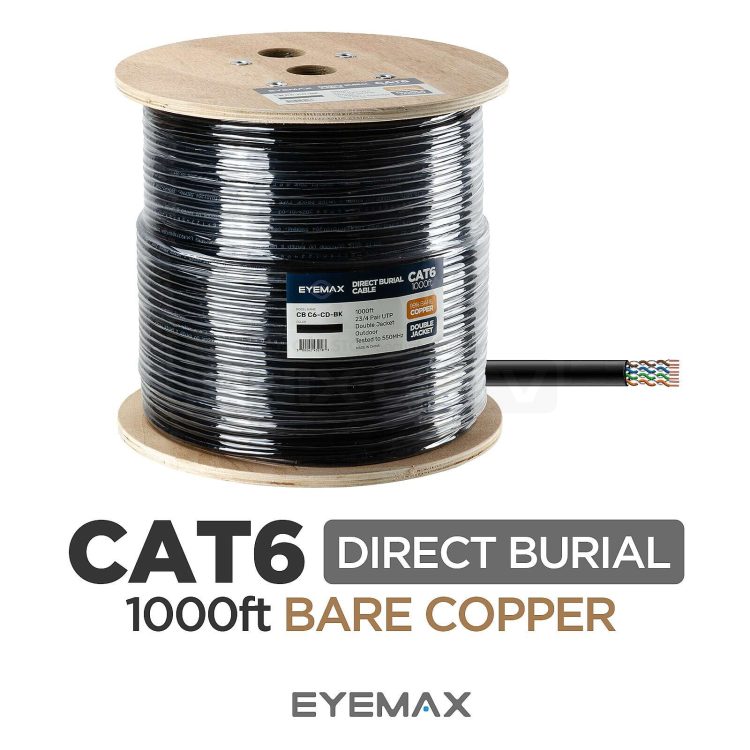 Upgrade your network with Eyemax CB-C6-CD-BK Cat6 direct burial Ethernet cable. Durable black jacket, 1000 feet (304.8 m) spool, 23 AWG pure copper, ETL listed.
