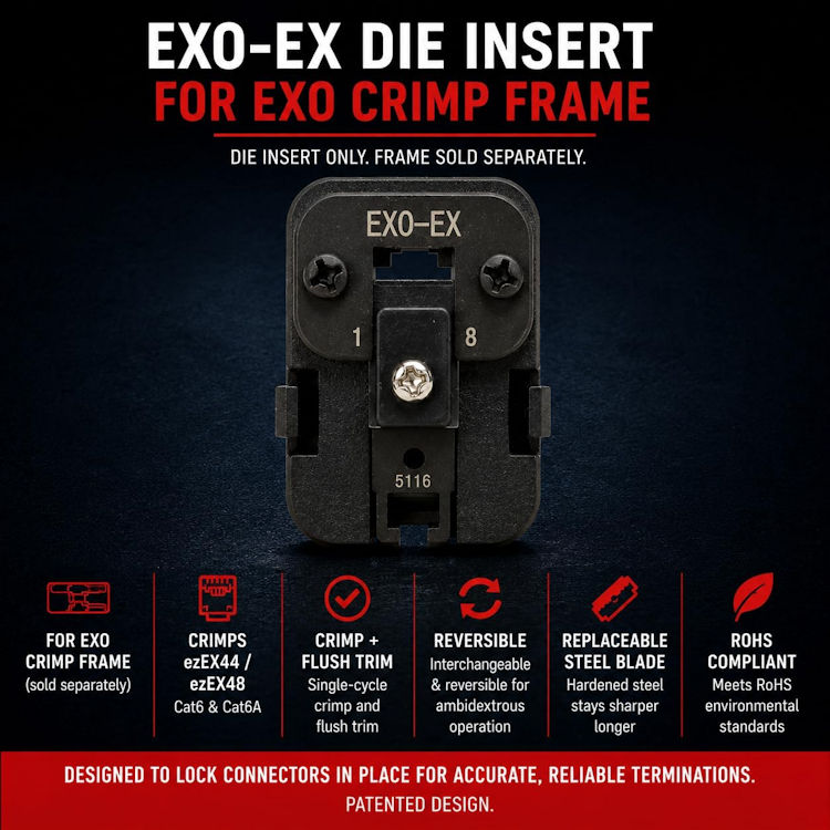 Upgrade your network cable terminations with the Platinum Tools 100071C EXO-EX Crimp Tool Die Insert. Designed for Cat6 and Cat6A cables, it ensures precise crimps and eliminates alignment errors. Get yours now for seamless connectivity! #PlatinumTools #EZEXRJ45 #NetworkCables
