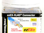 Upgrade your network with ease using the Platinum Tools 202048J 100-piece jar of ezEX48 ezEX-RJ45 Pass-Through Connectors. Designed for Cat6A and large Cat6 cables, these connectors offer superior performance and durability for 10 Gigabit Ethernet speeds and PoE applications. Verify the color sequence before crimping with the one-piece design and reduce crosstalk with the integrated spacing matrix. Compatible with the Platinum Tools EXO Crimp Frame and EXO-EX Die for easy termination. Order now for reliable and efficient network connections!